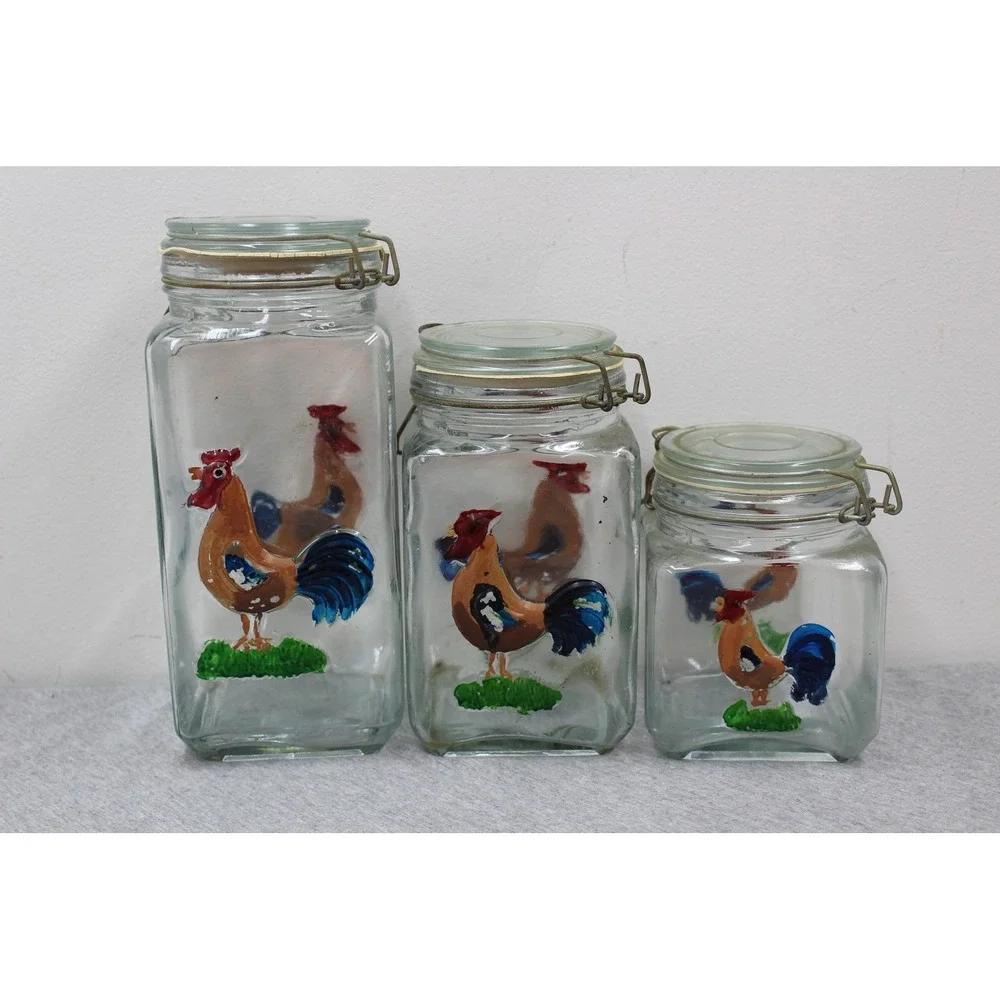 Vintage Hand Painted Rooster Canisters‎ Clear Glass Wire Bale Lid 3pc Set
